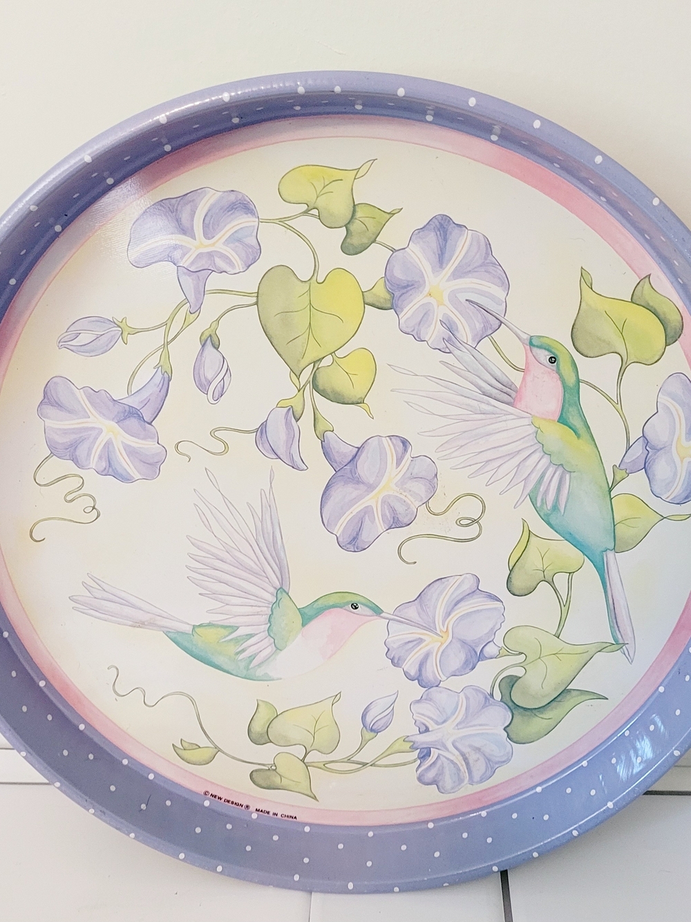 Decorative Hummingbird Floral Round Tin Metal Serving Tray - Lavender